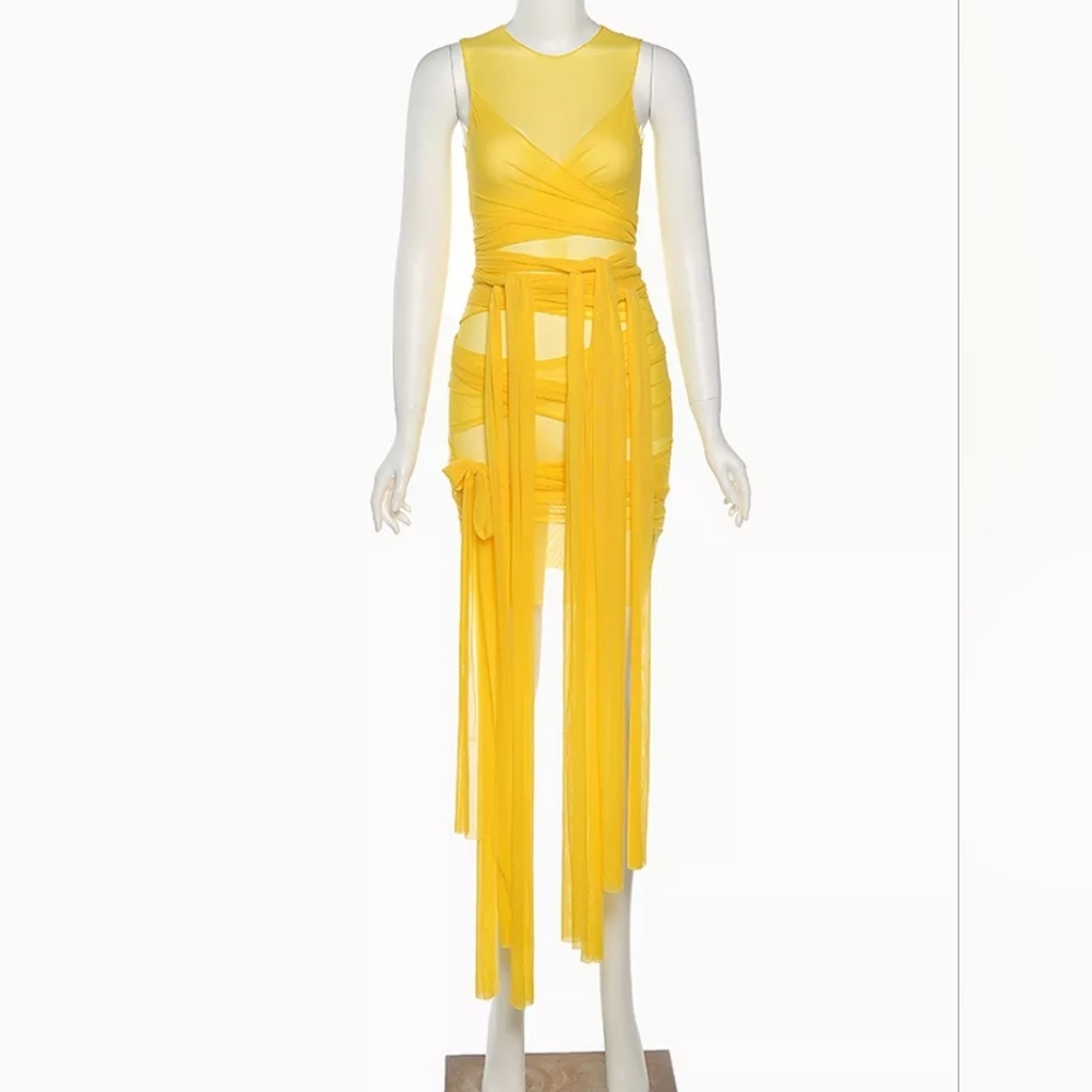 Yellow Mesh Layered Tie Up Dress